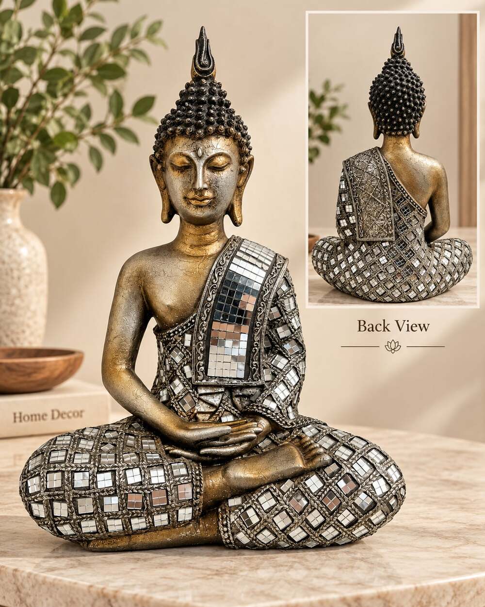 Decorative Sitting Buddha Statue Gold and Silver Mosaic
